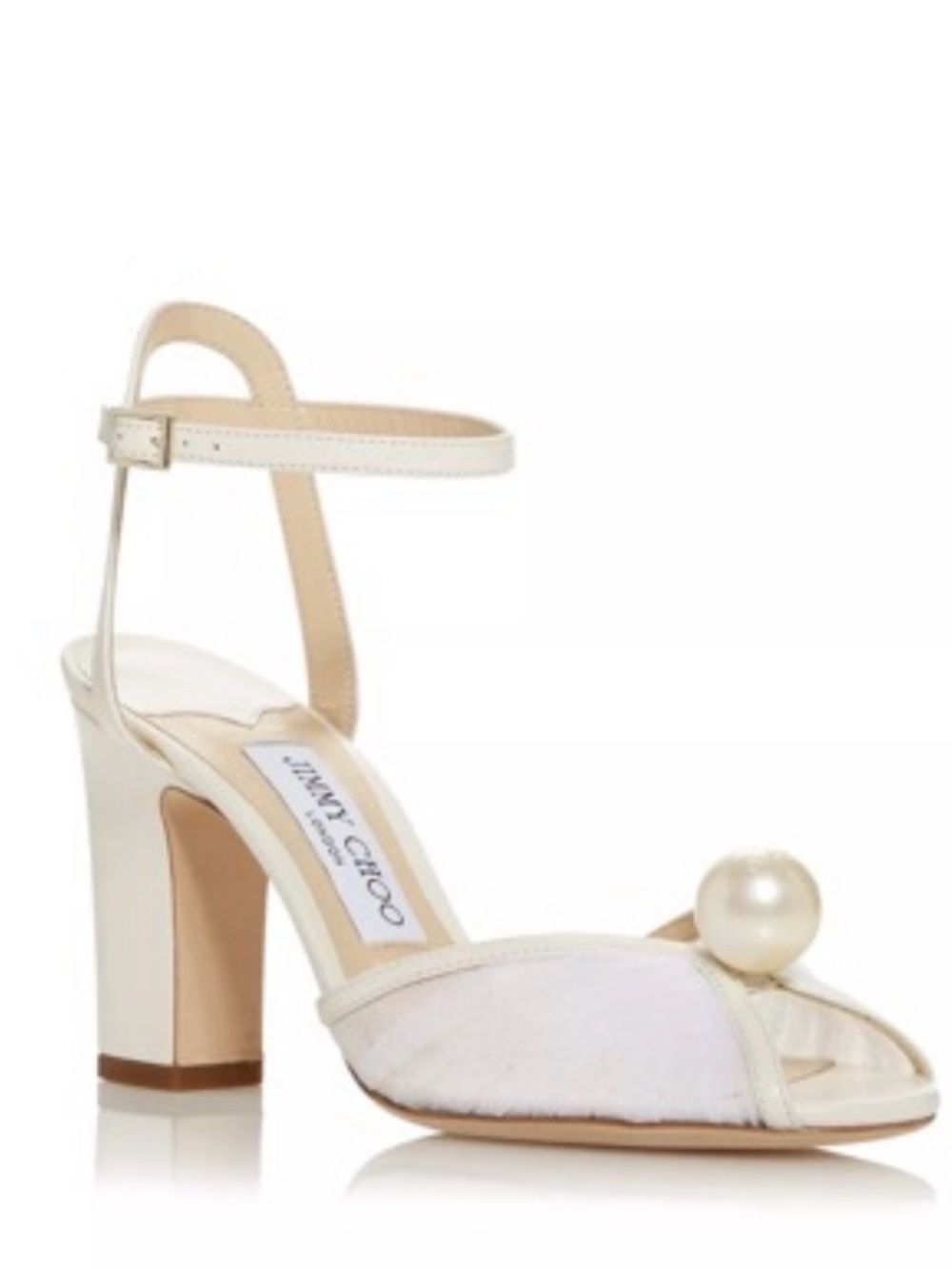 Jimmy Choo Cream Pearl-Accent Ankle-Strap Block Heels